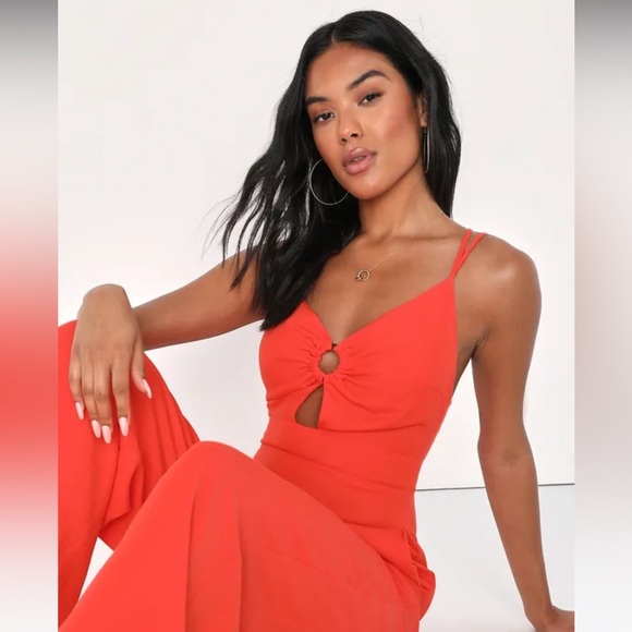 Lulus Exceptional Impression Coral Orange Cutout Wide-Leg Jumpsuit sz LG (NWT) - Picture 2 of 4